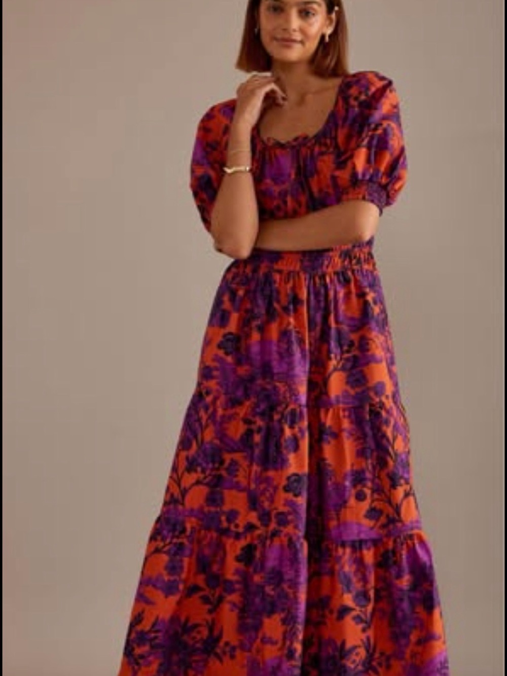 Anthropologie Orange and Purple Floral Puff-Sleeve Maxi Dress